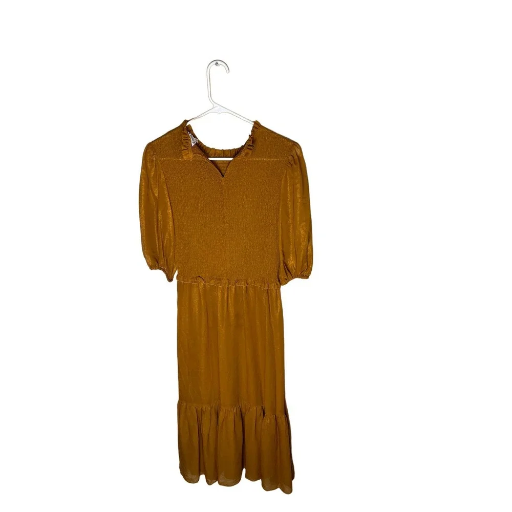 New NWT Nanette Lepore Women Puff Sleeve Dress Medieval Gold - Picture 1 of 6